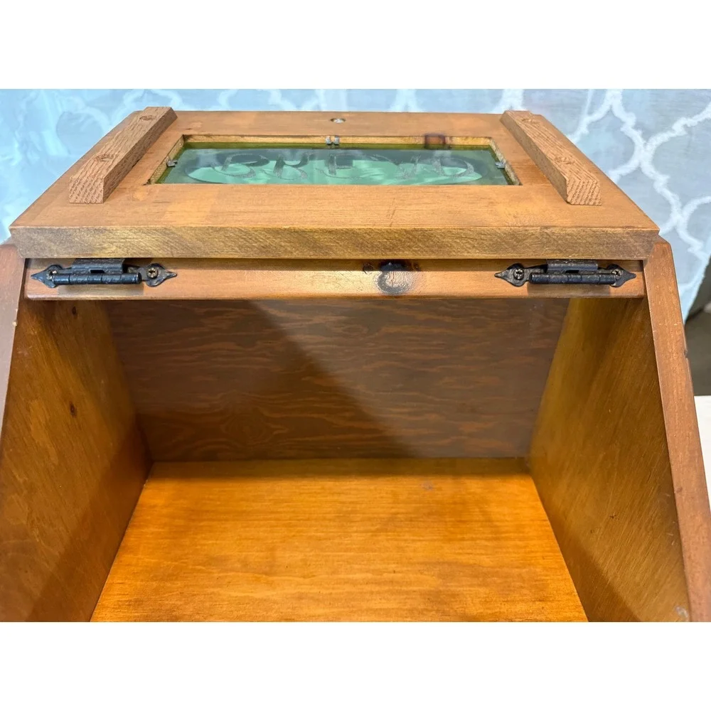 Vintage Wooden Bread Box Farmhouse, Cottagecore, Etched Glass - Nearly Perfect!